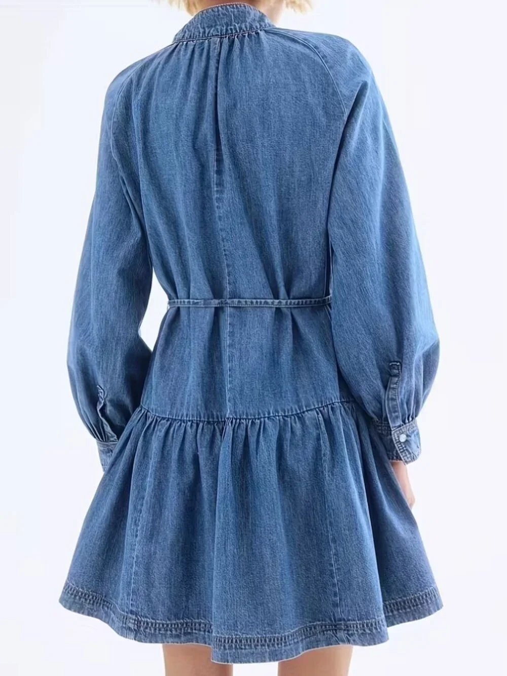 Lantern Sleeve Waist Tie Denim Dress - Picture 4 of 5